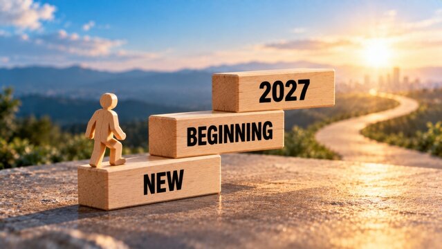 Wooden blocks forming new beginning 2027 with figurine climbing steps on winding road.