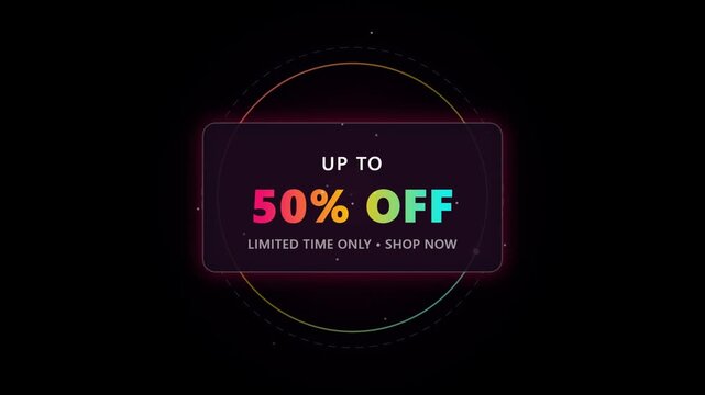 Neon Up To 50 Percent Off Sale Promo Graphic Animation