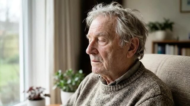 Elderly man with vacant distant expression sitting alone by window at home.