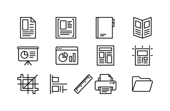 Business Print Templates, line icon set featuring flyer, poster, report cover, brochure, presentation slide, chart panel, page columns, crop marks, alignment tool, ruler, printer and folder, covering