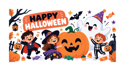 Fototapeta premium Cute Halloween Kids. Cute Halloween kids banner showing three playful children beside one oversized smiling pumpkin and one oversized friendly ghost, with candy, party hat, bat, star sparkles and