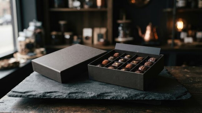 A chocolate box filled with assorted chocolates on a rustic wooden table.