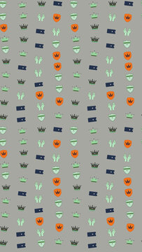 Icon pattern with crowns, shields, hands, and tickets