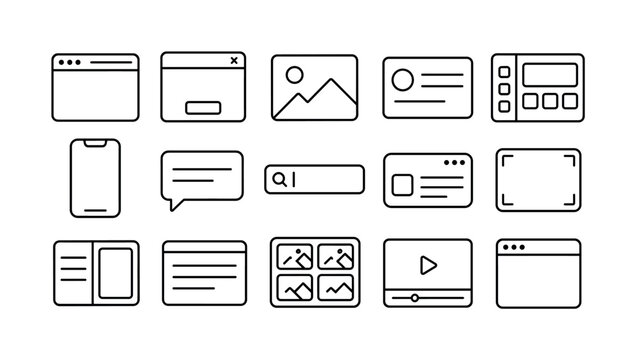 Interface Frame Elements &mdash; line icon set, quantity 15 clean outline symbols featuring rounded UI frames, browser window border, modal frame, photo frame, card border, dashboard panel, mobile screen