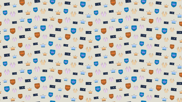 Pattern of crowns, shields, hands, and tickets