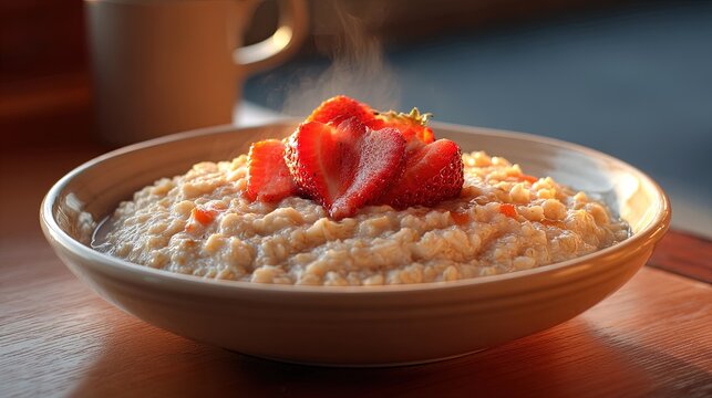 Steaming hot oatmeal in a ceramic bowl topped with fresh red strawberries