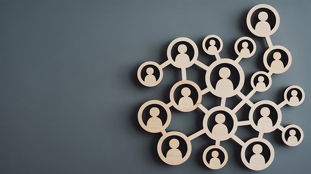 Interconnected wooden circular with human silhouettes on a grey background, symbolizing social networking, and digital communication structures