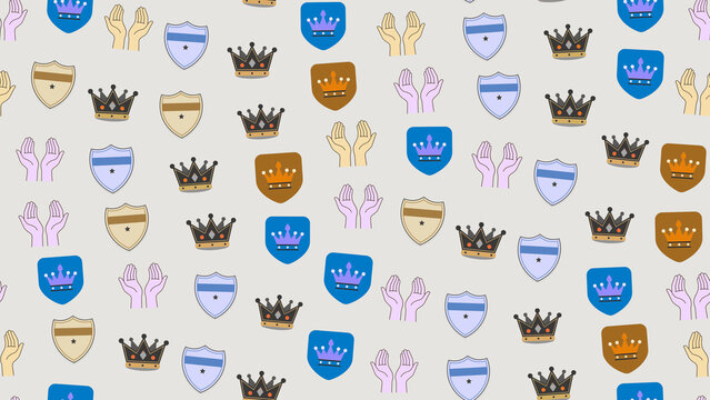Seamless pattern of crowns, shields, and hands