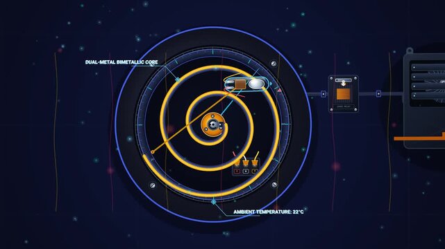 2D animation explaining the internal mechanics of a bimetallic thermostat highlighting the thermal expansion of brass and invar triggering a mercury switch to activate an AC compressor and blower