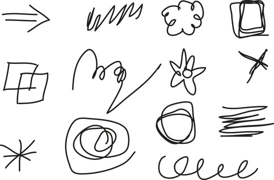 Hand drawn scribble vector set, black ink doodle elements on white background, messy pencil sketch strokes and abstract line art shapes