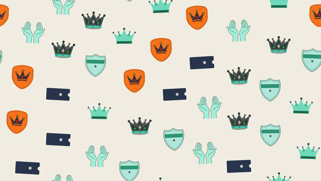 Seamless pattern of crowns, shields, and tickets