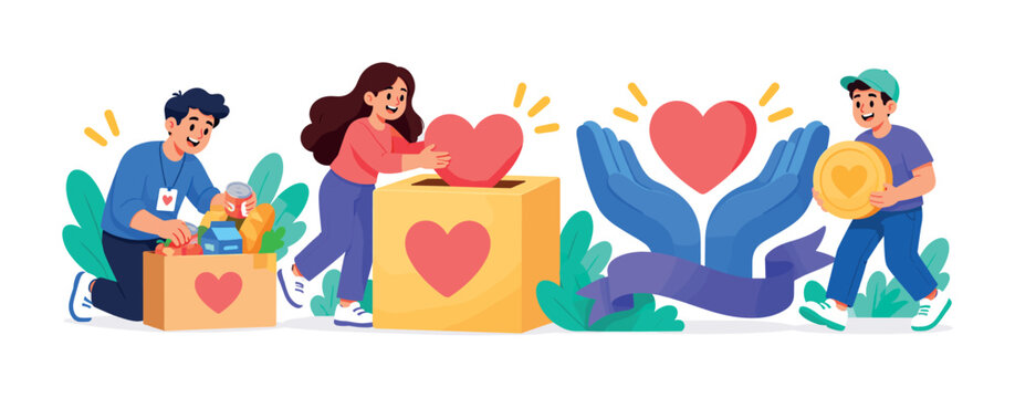 Charity Community Support Scene &mdash; Bright colorful flat vector banner with exactly 3 expressive stylized human characters interacting with 2 oversized objects: donation heart box and helping hands