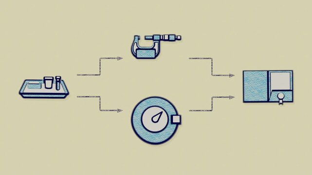 Traceability follows a measured sample through tolerance verification and certificate filing, with one controlled path splitting for checks before rejoining in the final record. Flat 3D style with a