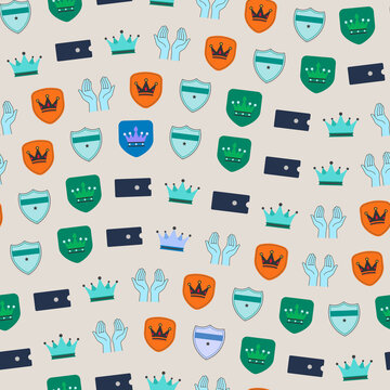 Seamless pattern of crowns, shields, hands, and tickets