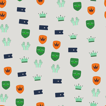 Seamless pattern of crowns, shields, tickets, and hands