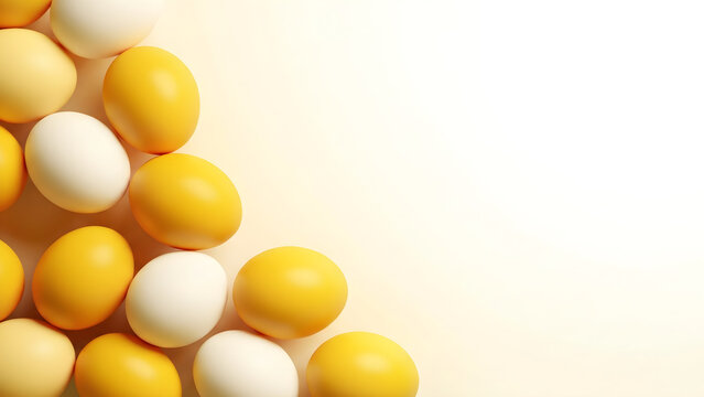 Golden yellow and white eggs arranged on a bright background with empty copy space for holiday design
