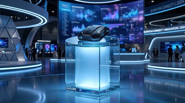 A futuristic, glass cube with a black device on top, surrounded by a blue-lit, high-tech environment with various screens and displays.