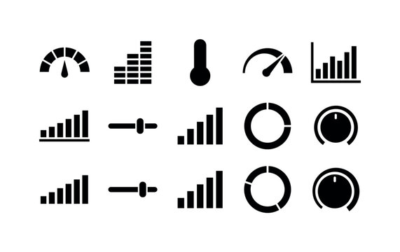 Intensity Level Measurement, solid glyph icon set featuring segmented gauge, bar scale, level meter, slider, thermometer, signal bars, speedometer, progress ring, chart and adjustment knob, covering