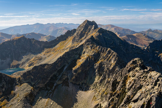View from Kozi Wierch on Swinica, Orla Perc and Western Tatras. High Taras, Tatra National Park, Zakopane, Poland