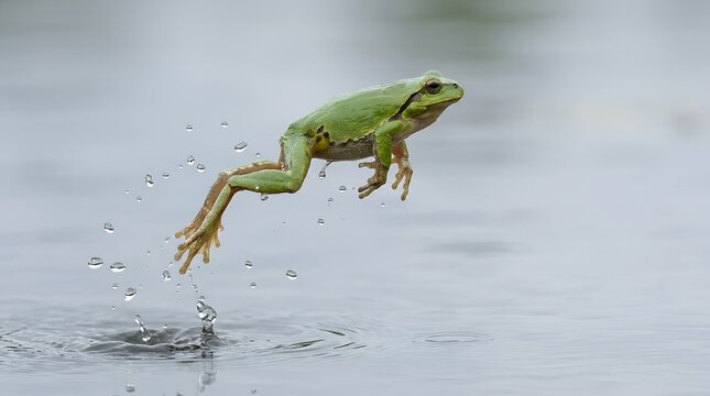 A green tree frog leaps from the water surface in a natural setting