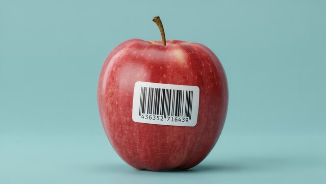 Red apple with a barcode sticker isolated on a light blue background