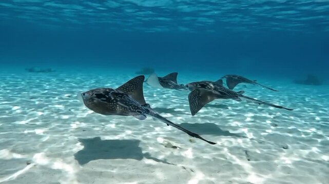 Stingrays swimming in turquoise blue ocean water in clear conditions