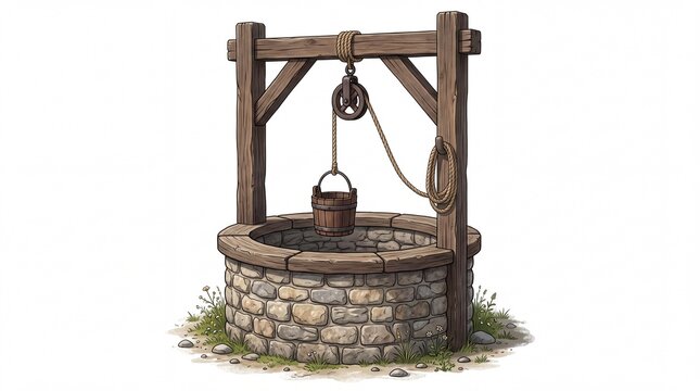 Rustic stone water well with wooden bucket and pulley mechanism isolated on white background