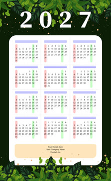 early 2027 Wall Calendar Template with Nature Foliage Background