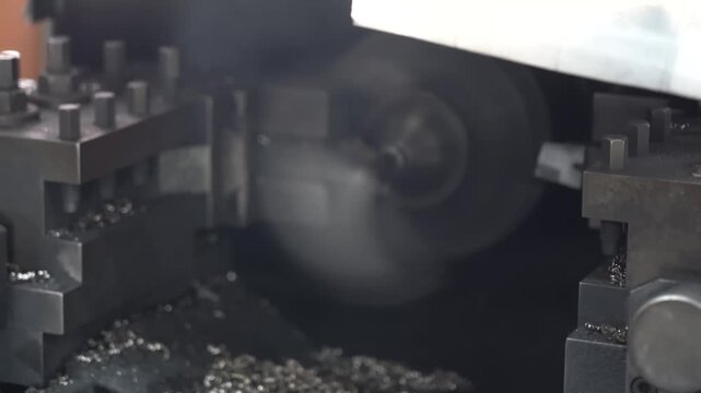 Automated milling machine cuts a steel workpiece as bright metal chips spray across the machine bed