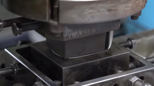 Hydraulic forging press closes on a steel die then lifts to reveal a freshly stamped golf iron club head