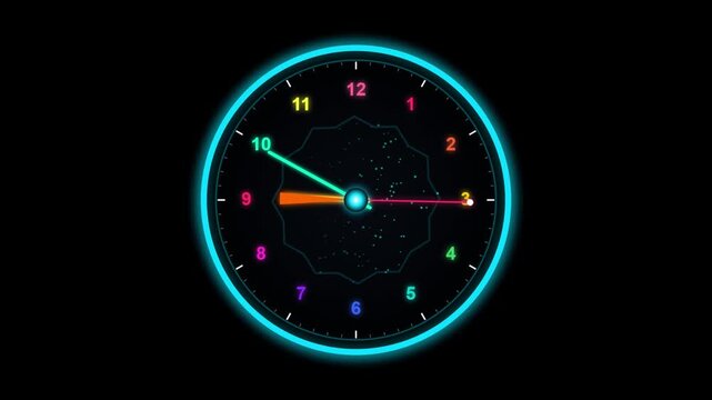 Holographic Neon Clock Cyan Rings Colorful Light Hands Particle Vortex Loop