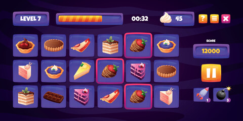Obraz premium Candy match game. Sweets crush puzzle ui, button slot mobile app dessert food icon frame bar cake chocolate design smartphone phone gaming interface cartoon vector illustration