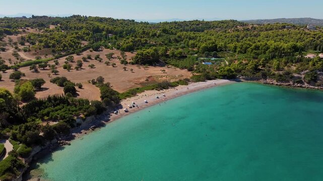 Aerial view of Paralia Kounoupiou Beach in Kranidi, Greece, with turquoise Aegean waters lapping the crescent shoreline framed by olive groves and pine forests.