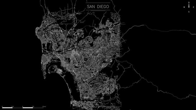 This minimalist digital map of San Diego illustrates intricate street patterns through glowing white lines against black.
