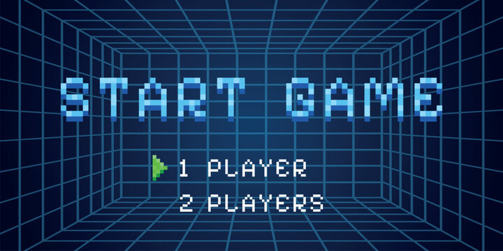 Arcade start screen. Retro game computer pixel graphic, player select press button 8bit classic old display vintage space entertainment digital grid background vector illustration