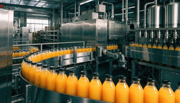 Orange juice bottles moving on a production line in a modern food and beverage factory