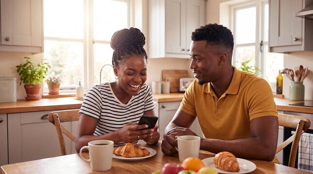 Happy couple laughing at smartphone during breakfast in kitchen, black couple morning coffee