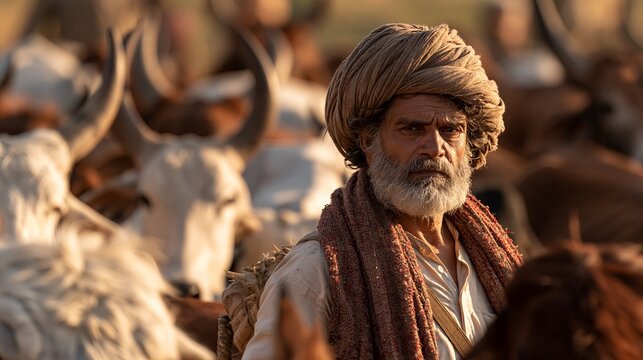 Man herder looking at camera with cattle. Older man wearing a turban and shawl, standing among his cattle