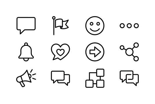 Greeting Chat Message Set, line icon set featuring speech bubble, greeting flag, smile symbol, chat dots, notification bell, heart message, message arrow, social network node, covering waving greeting