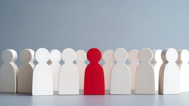 One red wooden figure standing out among many white wooden figures in a circle, representing leadership, uniqueness, and individuality in business