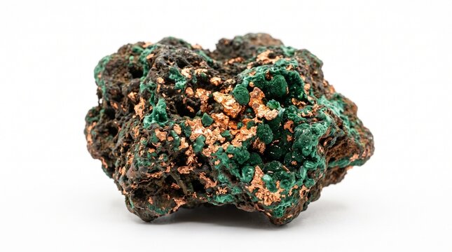 Natural raw native copper and green malachite mineral specimen isolated on white background