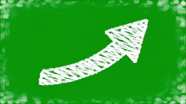 White hand drawn arrow sketch animation moving upwards across vibrant green screen background for modern creative digital business motion footage