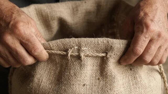 Close-Up of a Farm Worker Pulling a Rope to Close a Burlap Sack