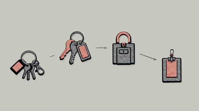 The handover consolidates keys, lockbox, tag, envelope and seal into a verified access package ready for controlled transfer. Flat 3D style with a coloured pencil texture.