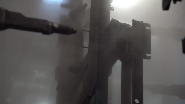 Electrostatic spray gun applying black powder onto a hanging steel bracket inside an enclosed coating booth