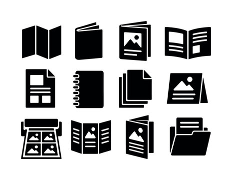 Brochure Publishing Design &mdash; solid glyph icon set with exactly 12 fully filled black symbols in a 4x3 grid: folded brochure, booklet, catalog, open spread, page layout, print sheet, binding, document