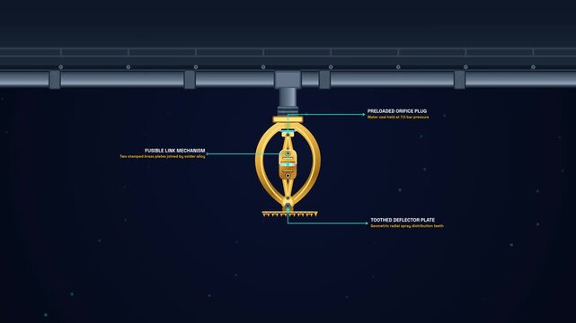 Educational animation detailing the mechanism of a fusible link fire sprinkler showing thermal transfer melting the solder joint to release a radial deluge of water for fire suppression