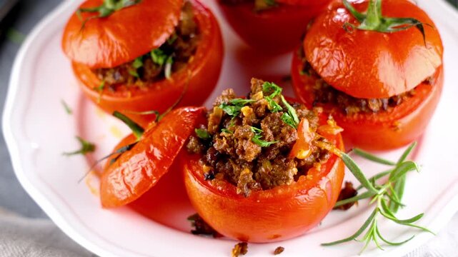 Baked stuffed tomatoes filled with minced meat and herbs on white plate