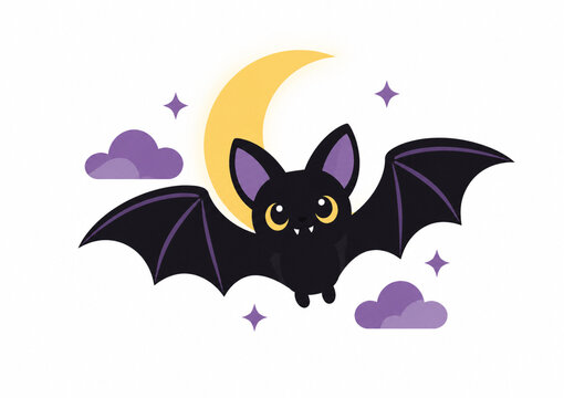 Uroczy czarny nietoperz w locie na tle księżyca, motyw halloweenowy, ilustracja flat design