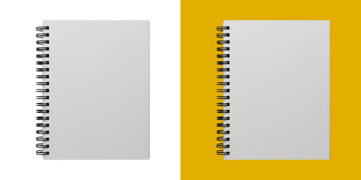Blank spiral notebook mockup on white and yellow background transparent png